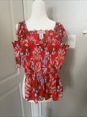 Rachel Zoe Red Floral Smocked Peplum Camisole
